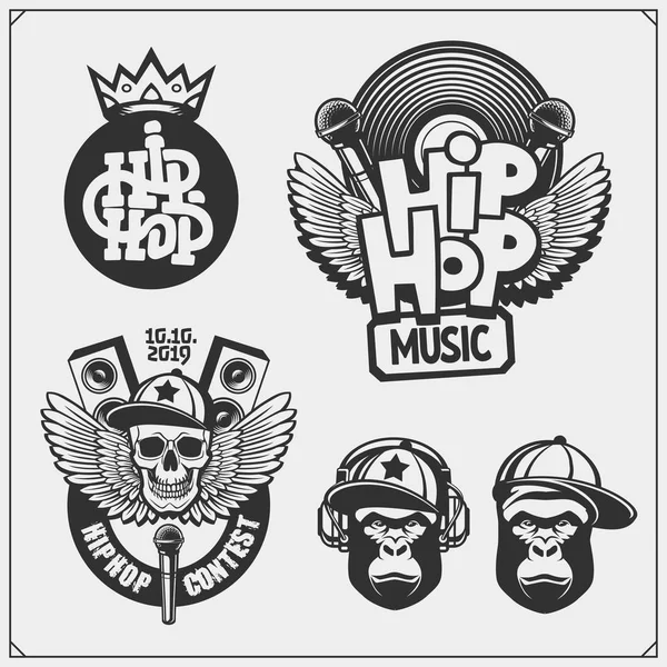 Hip Hop Rap Emblemas Atributos Accesorios Plantillas Póster Elementos Diseño — Vector de stock