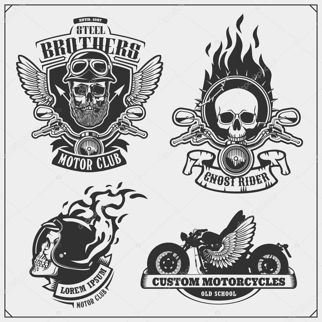 Collection of motorcycle club labels, emblems, badges and design elements. Vintage style. Print design for t-shirt.