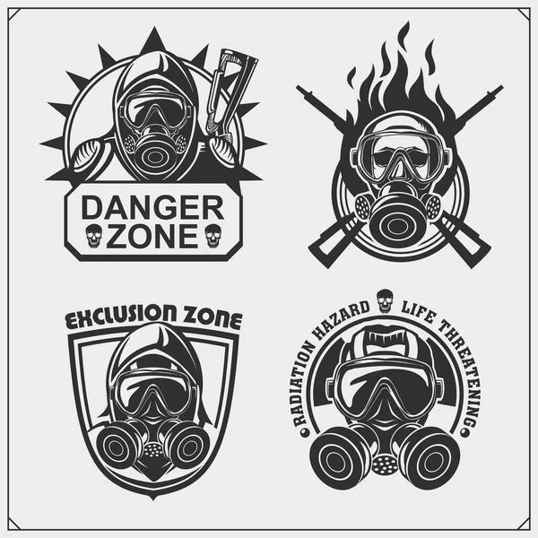 Emblèmes Danger Radiologique Symboles Danger Masques Gaz — Image vectorielle