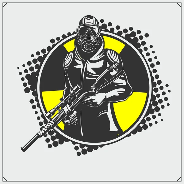 Soldat Mit Gewehr Gasmaske Und Panzer Schützen Emblem Printdesign Für — Stockvektor