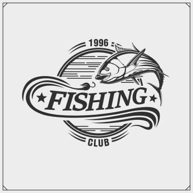 Ton balığı avlama vektörü amblemi. Tek renkli tasarım.