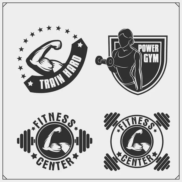 Colección Etiquetas Fitness Blanco Negro Emblemas Insignias Logotipos Elementos Diseño — Vector de stock