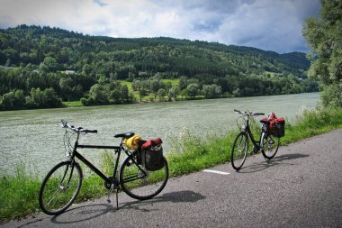 Ünlü bisiklet rotası Donauradweg 'de Tuna Nehri boyunca bisiklet süren bir grup insan. Aşağı Avusturya, Avrupa - Ağustos 2016