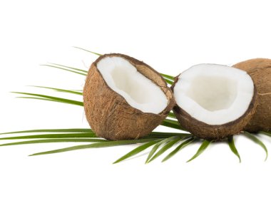 A close-up picture of chopped in half and whole coconuts isolated on white background. The concept of exotic fruits with leaves full of vitamins. clipart