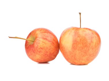 Beyaz bir arka plan üzerinde izole iki sulu, taze ve organik elma. Sağlıklı meyve vitamin dolu.