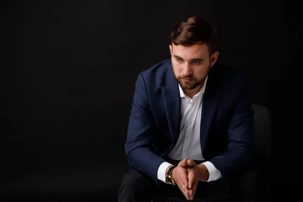 Close Portrait Attractive Businessman Beard Elegant Suit Black Background Concept — Stock Photo, Image