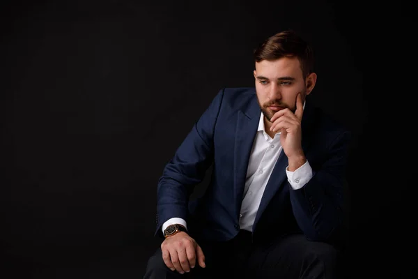 Close Portrait Young Serious Businessman Beard Formalwear Black Background Concept — Stock Photo, Image