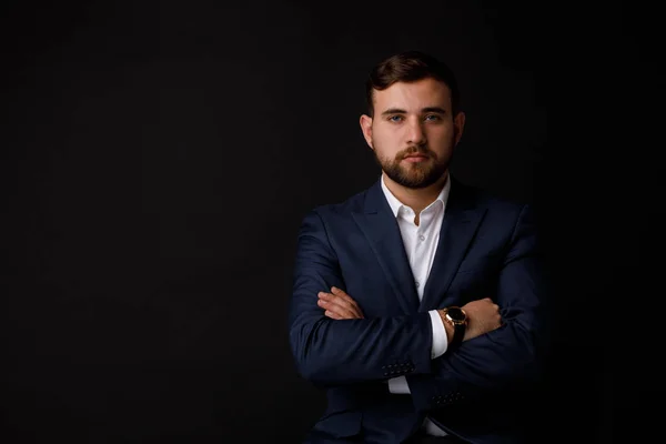 Close Portrait Young Thoughtful Businessman Beard Suit Black Background Concept — Stock Photo, Image