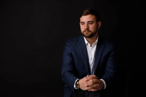 Close Portrait Attractive Businessman Beard Formalwear Black Background Concept Success — Stock Photo, Image