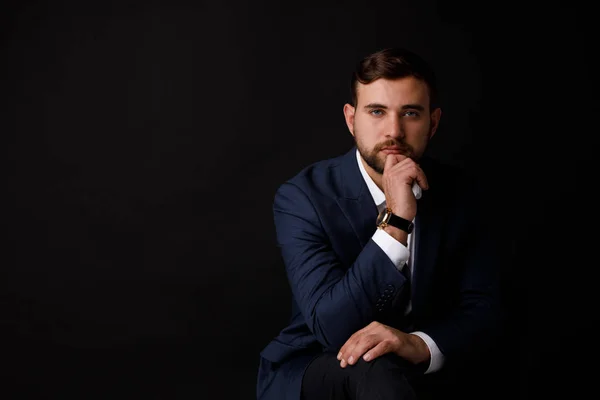 Close Portrait Serious Businessman Stubble Suit Black Background Concept Successful — Stock Photo, Image