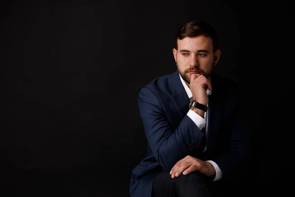 Close Portrait Serious Businessman Stubble Suit Black Background Concept Successful — Stock Photo, Image