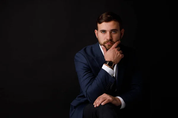 Close Portrait Serious Businessman Stubble Suit Black Background Concept Successful — Stock Photo, Image