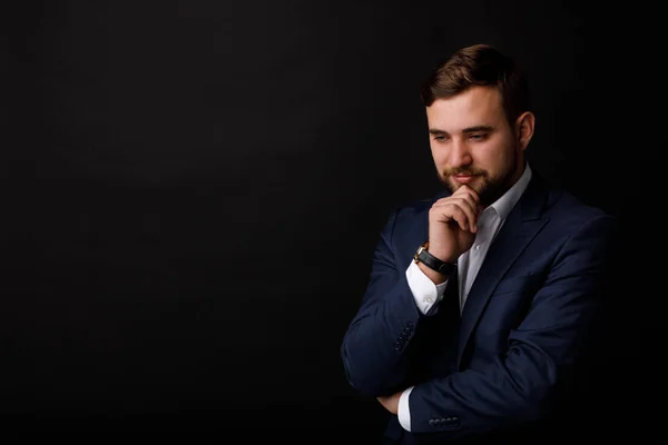 Portrait Young Thoughtful Businessman Suit Black Background Concept Successful Business — Stock Photo, Image