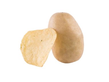 Bütün Olgun, ham ve organik patates, beyaz bir arka plan üzerinde izole. Patates cipsi dilimler. utritious, organik ve taze sebzeler.