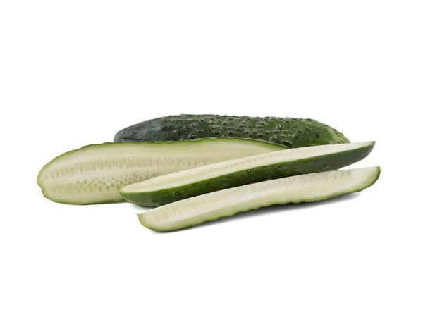 Group Sliced Cucumbers Isolated White Background Close Concept Ripe Fresh — Stock Photo, Image