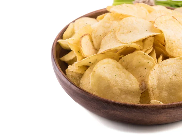 Closeup Crispy Potato Chips Brown Plate White Background Junk Food — Stock Photo, Image