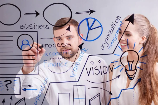 Businessman Businesswoman Outlining Company Optimization Plan Creative Team Writing Glass — Stock Photo, Image