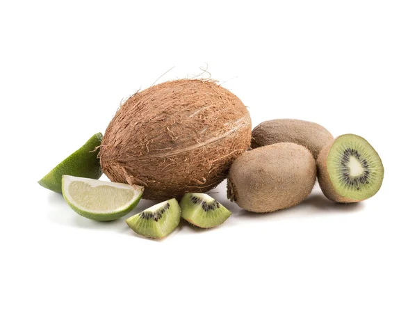 Gesneden Helften Geheel Rijpe Kiwi Kalk Hele Kokosnoot Geïsoleerd Een — Stockfoto