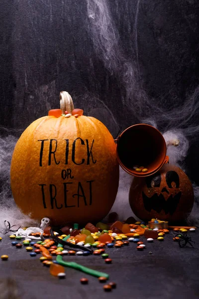 Halloween Pumpkins Sweet Candies Dark Background Concept Autumn Holidays Close — Stock Photo, Image