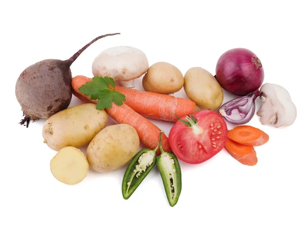 Свіжі Органічні Овочі Ізольовані Білому Тлі Помідори Цибуля Гриби Картопля — стокове фото