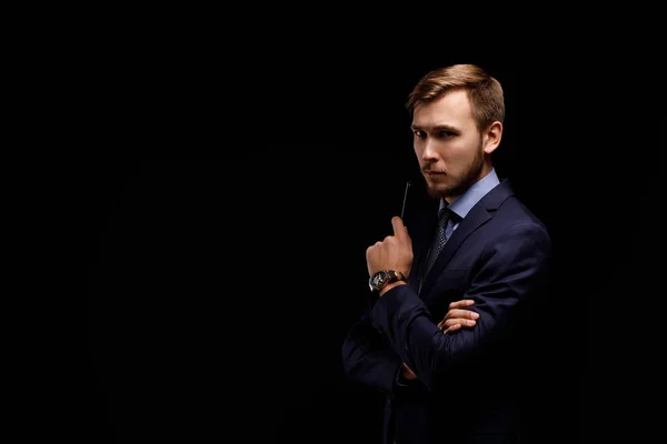 Portrait Young Thoughtful Businessman Beard Black Background Business Finance Concept — Stock Photo, Image