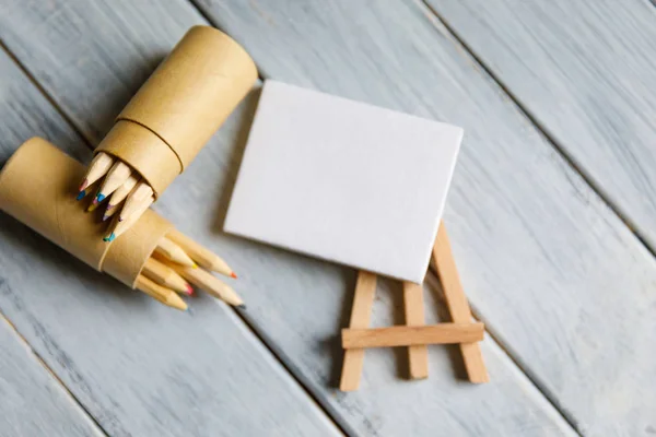 Artist workplace : White table of an artist with art tools for drawing — Stock Photo, Image