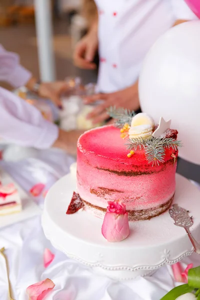 美丽的糕点。蛋糕和马卡龙。甜蜜的节日自助餐, 包括纸杯蛋糕、蛋糕和其他甜点 — 图库照片