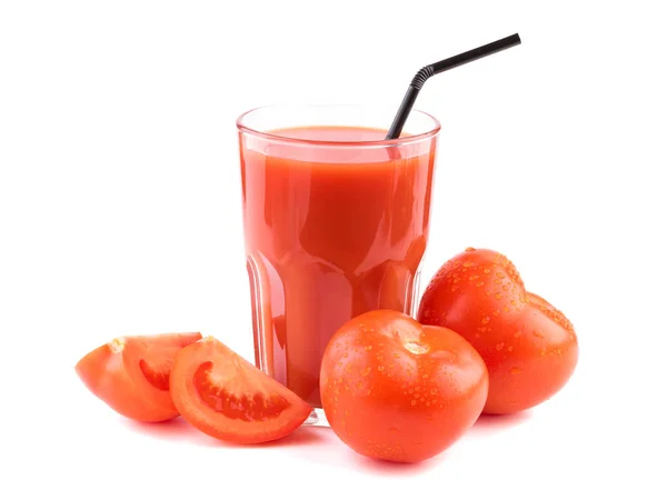 Tomatensaft Glas Und Tomaten Auf Weißem Hintergrund — Stockfoto