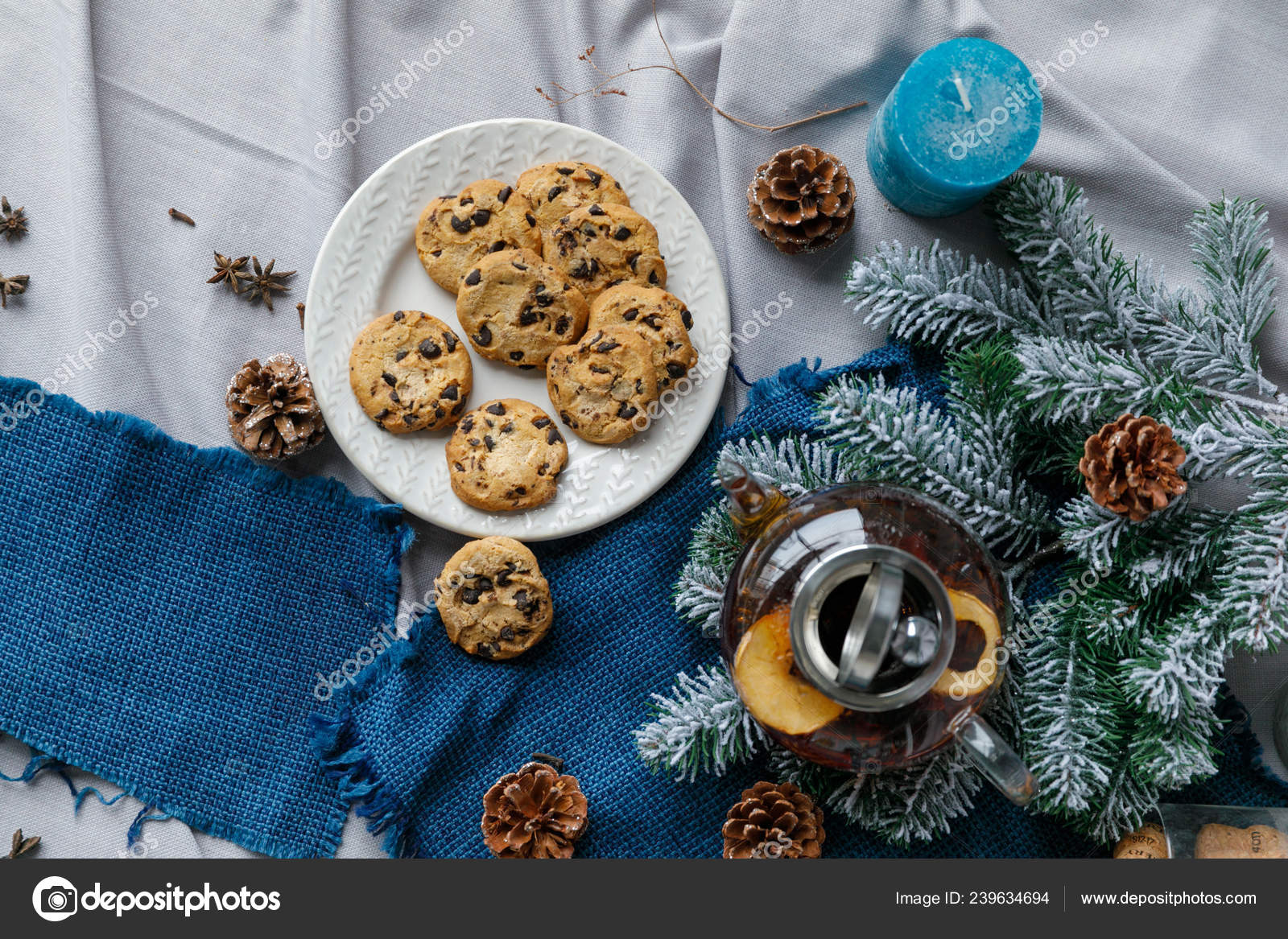 New Years Table With Fir Branches And Decorations On A Wooden