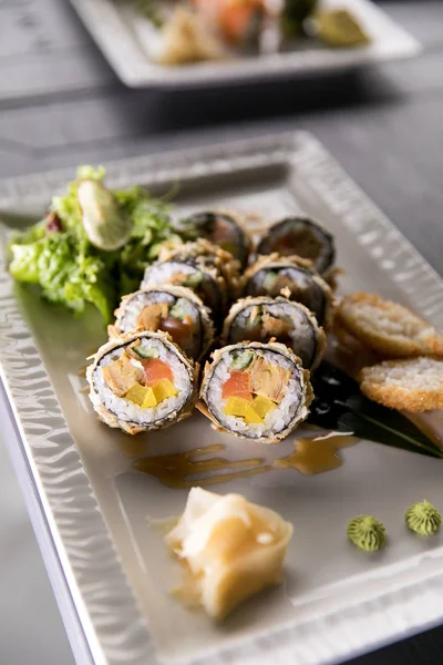 Rainbow Sushi Roll.Sushi menu. Japanese food. Top view of assorted sushi — Stock Photo, Image