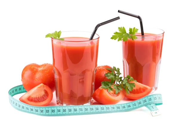Frische Säfte Aus Naturprodukten Auf Weißem Hintergrund Tomatensaft — Stockfoto