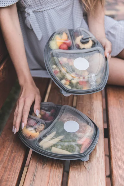 Collection of take away foil boxes with healthy food.n of take away foil boxes with healthy food.Healthy food in box. Fresh box . lifestyle, day meal plan