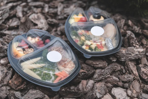Collection of take away foil boxes with healthy food.n of take away foil boxes with healthy food.Healthy food in box. Fresh box . lifestyle, day meal plan