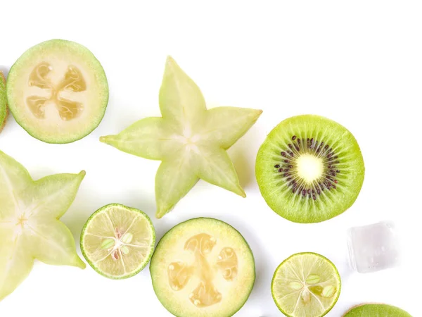Frutas Rodajas Bellamente Diferentes Formas Surtido Frutas Bayas Crudas Saludables — Foto de Stock