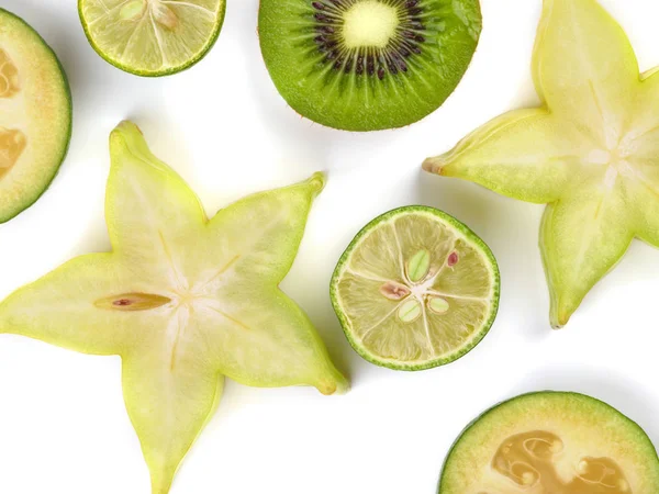 Frutas Rodajas Bellamente Diferentes Formas Surtido Frutas Bayas Crudas Saludables — Foto de Stock