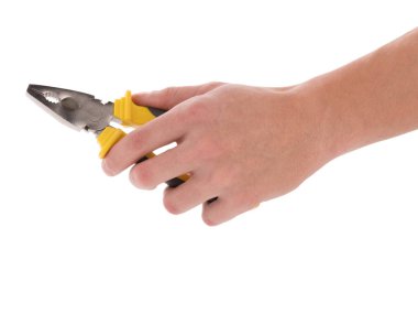 Fotoğraf izole beyaz arka plan üzerinde siyah pense ve tyellow. Beyaz bir arka plan üzerinde modern ve güzel pense