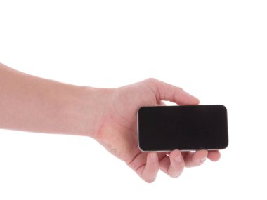 siyah telefon üzerinde beyaz izole tutan el