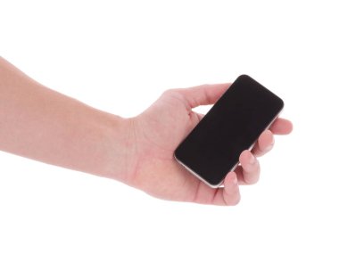 siyah telefon üzerinde beyaz izole tutan el