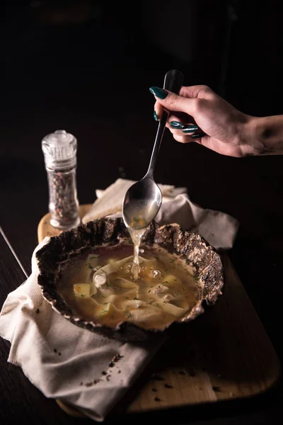 Zuppa Pollo Con Tagliatelle Fatte Mano — Foto Stock