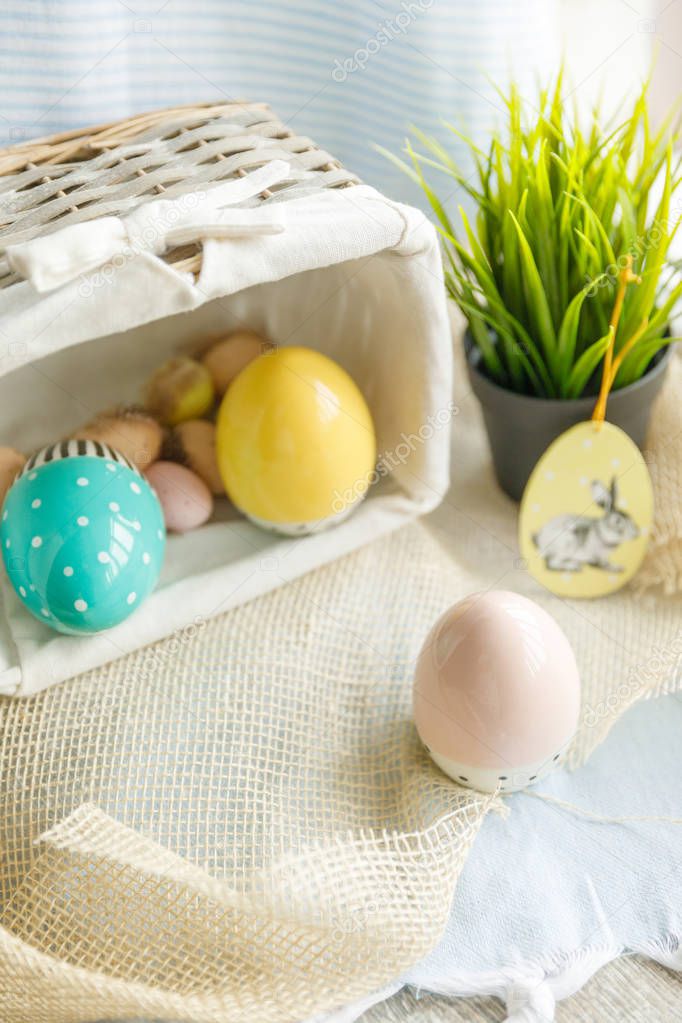 Easter composition with eggs on wooden background