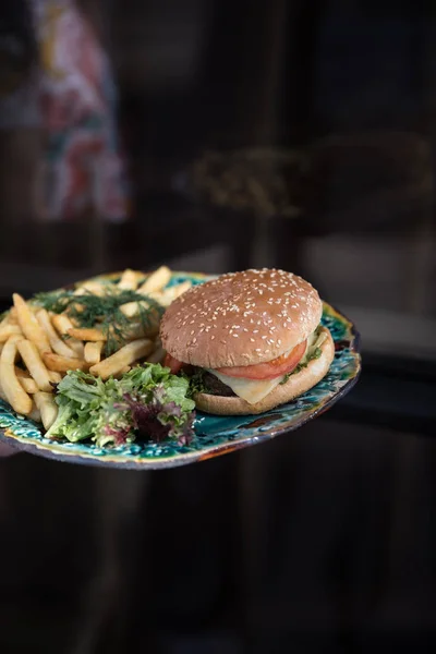 Unhealthy food concept.fast food set big hamburger and french fries — Stock Photo, Image