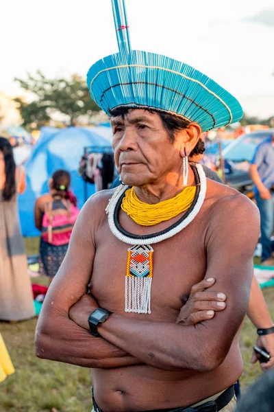 Brasilia, Brezilya-25 Nisan 2019: Brezilya'nın farklı bölgelerinden gelen yerli Hintliler, hükümetten toprak elde etmek için Acampamento Terra Livre 2019 (Özgür Topraklar Için Kamp) adlı bir hareketle, başkent Brasilia'ya indiler. 
