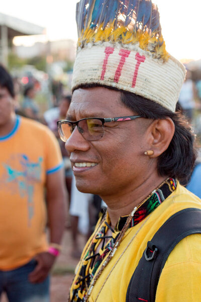 Brasilia, Brazil-April 25th 2019: Indigenous Indians from different parts of Brazil,descend upon the capital city of Brasilia, in a movement called Acampamento Terra Livre 2019 (Encampment for Free Land) to obtain land from the government 