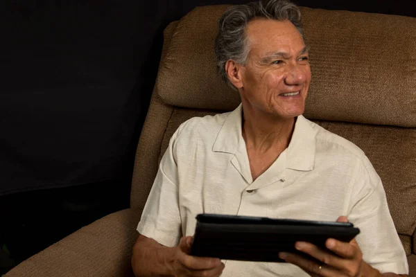 Mature Gentleman Siting Easy Chair Looking His Smart Tablet — Stock Photo, Image