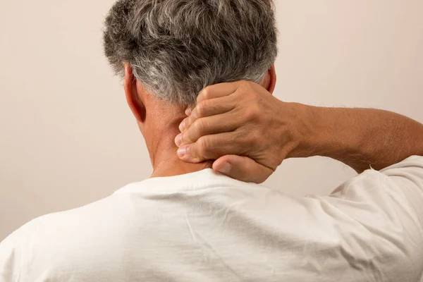 Senior Man Pain Headache Massaging Back His Neck Relief — Stock Photo, Image