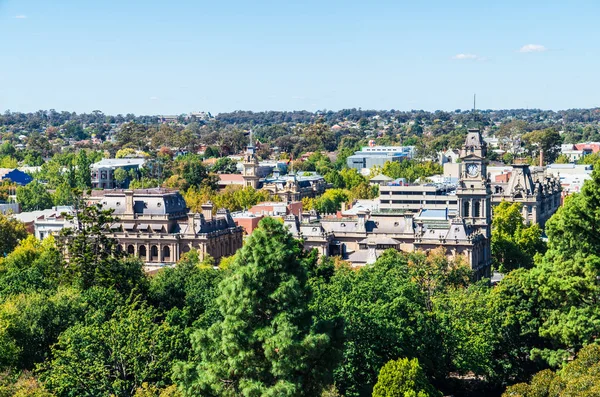 Aerial view of the Bendigo law court buildings and downtown area in Bendigo, Australia.