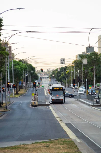 Трамваи, следующие по Флемингтон-роуд, пересекают Парквилл и Северный Мельбурн . — стоковое фото