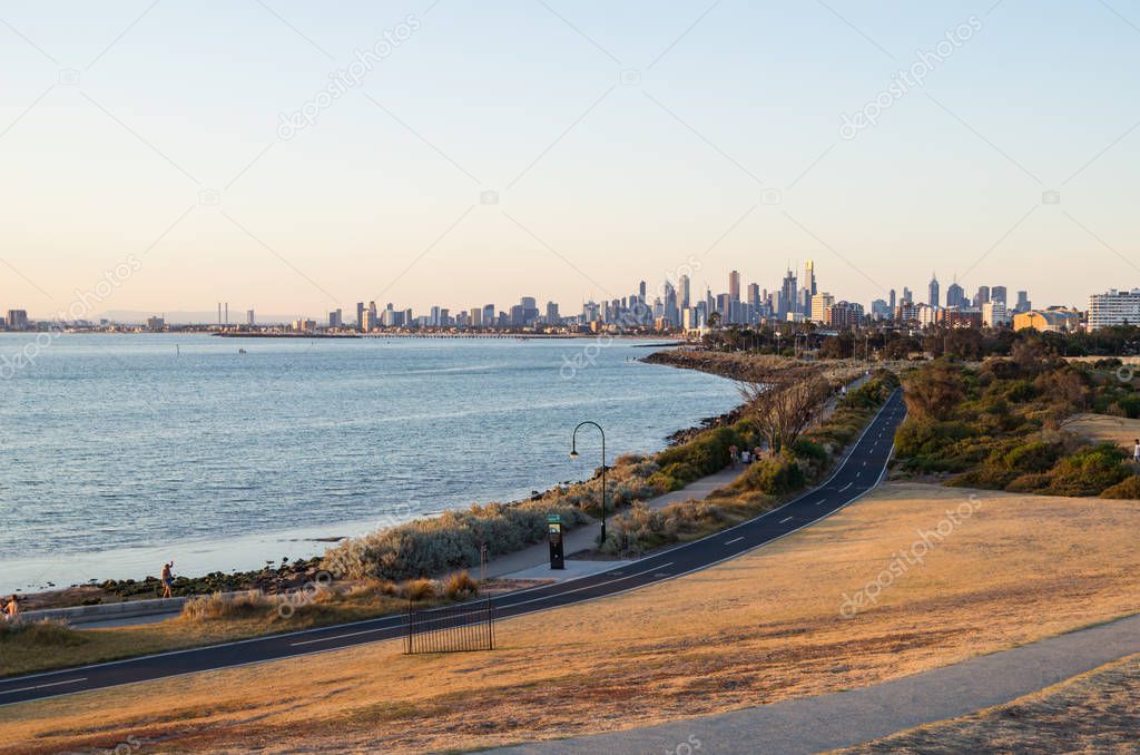 View of Melbourne skyline in Australia seen from Elwood.