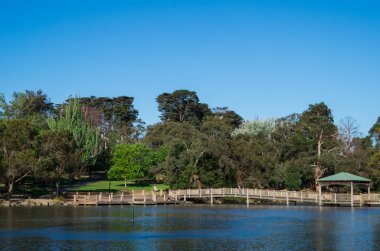 Dış surburban Ringwood Ringwood Lake karşısında Ahşap geçit.