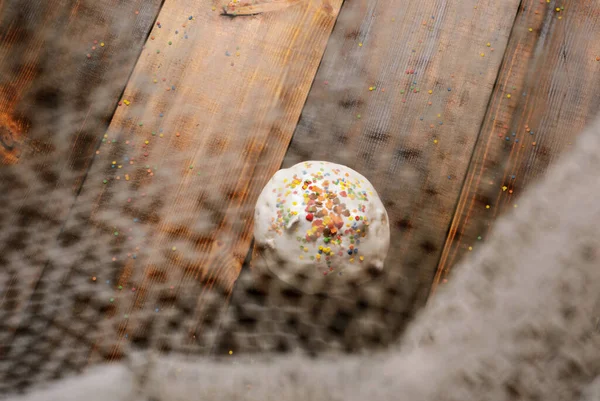 Colored Candies Cake Decor Spilled Out Glass Old Wooden Kitchen — Stock Photo, Image